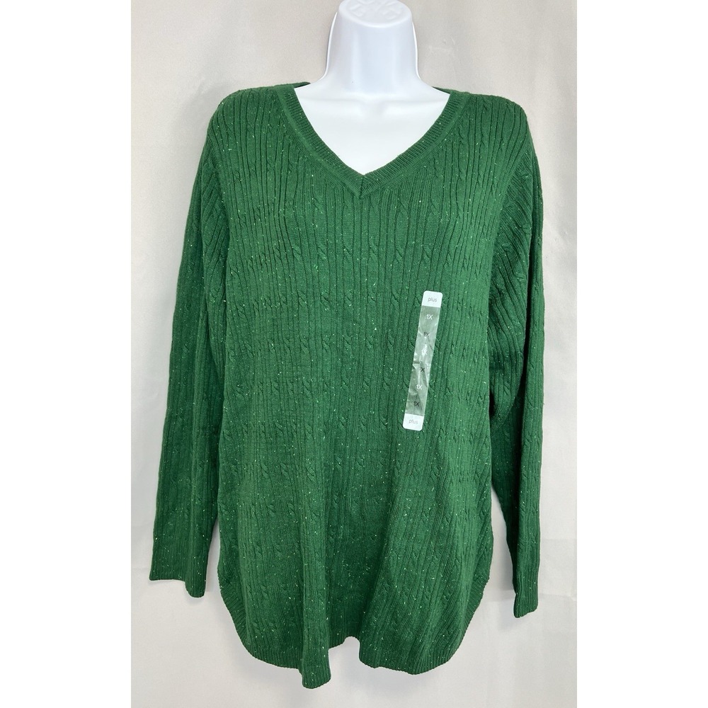 Kim Rogers Women's Green Cable Confetti Knit V- Neck Sweater 1X Plus NWT